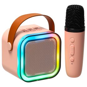 Karaokes-rinkinys-Bluetooth-garsiakalbis-mikrofonas-USB-LED-rozinis-1