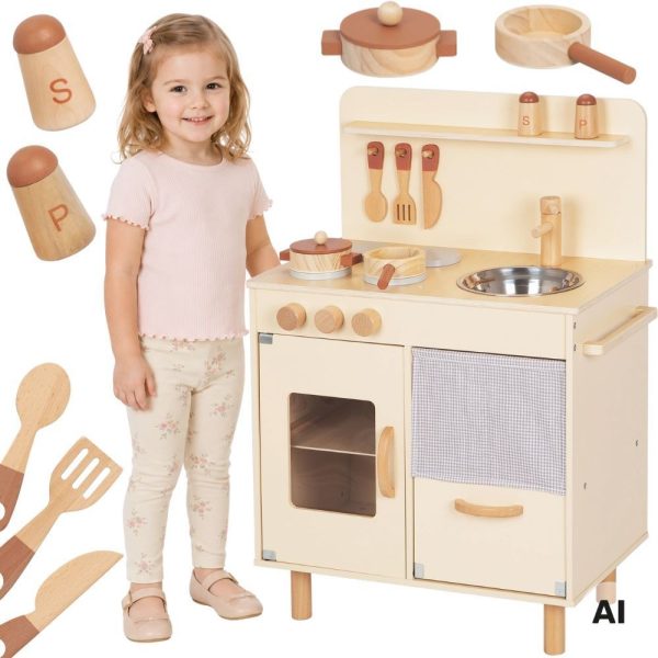 TOOKY-TOY-Wooden-Beige-Kitchen-with-Accessories TOOKY TOY Wooden Beige Kitchen with Accessories