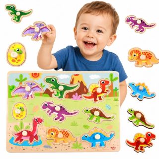 TOOKY TOY Wooden Montessori Puzzle Dinosaurs Shapes Puzzle