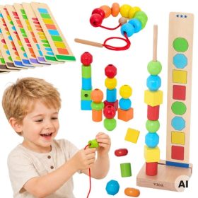 VIGA Wooden Beads for Stringing Sequencing Patterns 64 pcs 3+