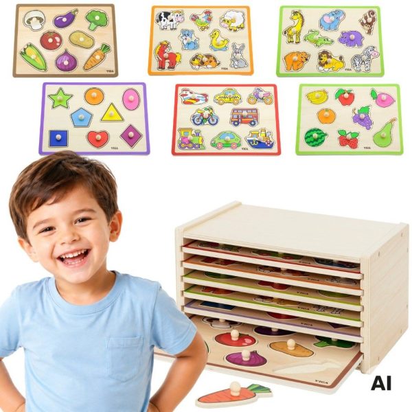 VIGA-Wooden-Puzzle-with-Handles-and-Shelf-7-pcs VIGA Wooden Puzzle with Handles and Shelf 7 pcs.