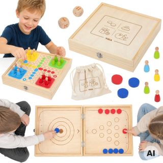 VIGA Wooden 4-in-1 Arcade Game Table Hockey Curling Bowling Ludo